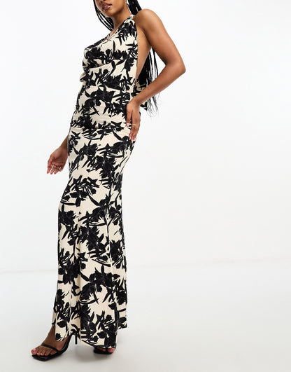 In The Style x Georgia Louise cowl neck fishtail maxi dress in mono print