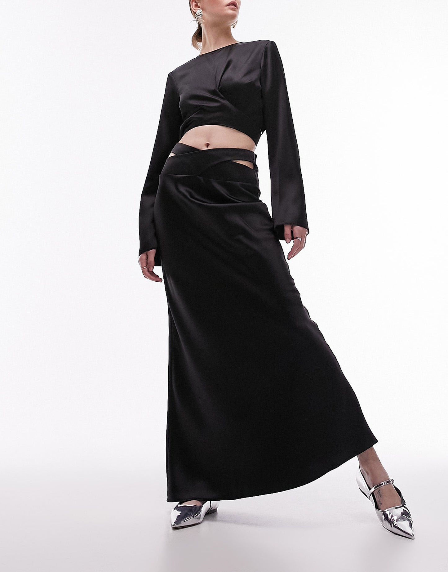 Topshop co-ord satin bias maxi skirt with wrap waist in black