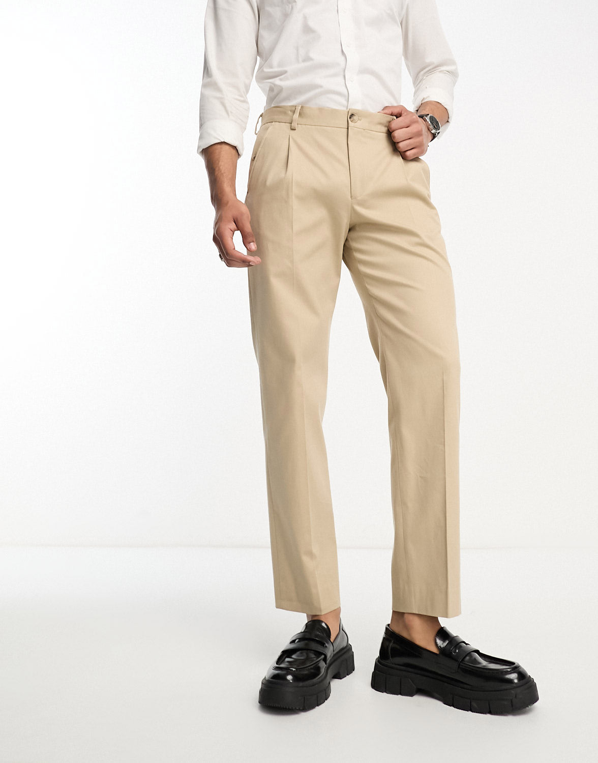 Selected Homme cotton mix loose fit smart trouser with front pleat in cream