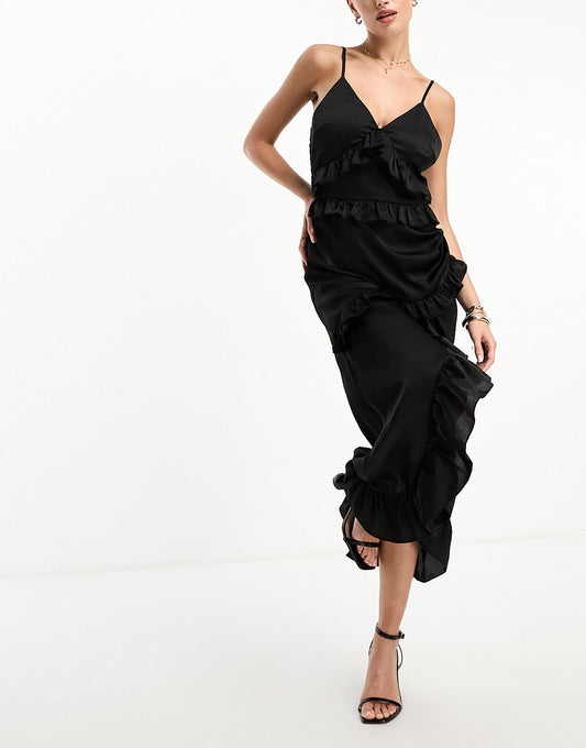 In The Style exclusive ruffle trim cami maxi dress in black