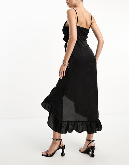 In The Style exclusive ruffle trim cami maxi dress in black