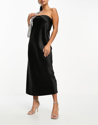 Miss Selfridge Petite satin bandeau maxi slip dress in black