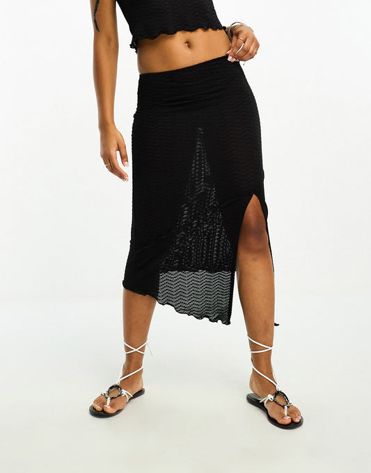 ASOS DESIGN waffle texture asymmetric low rise maxi skirt co-ord in black