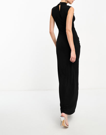 Flounce London high neck maxi dress with ruched detail in black