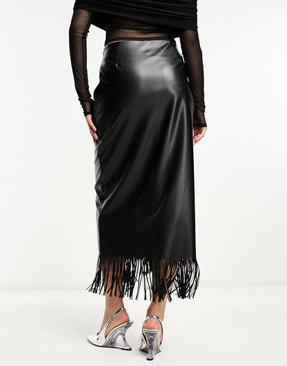 ASOS DESIGN faux leather maxi skirt with fringing in black