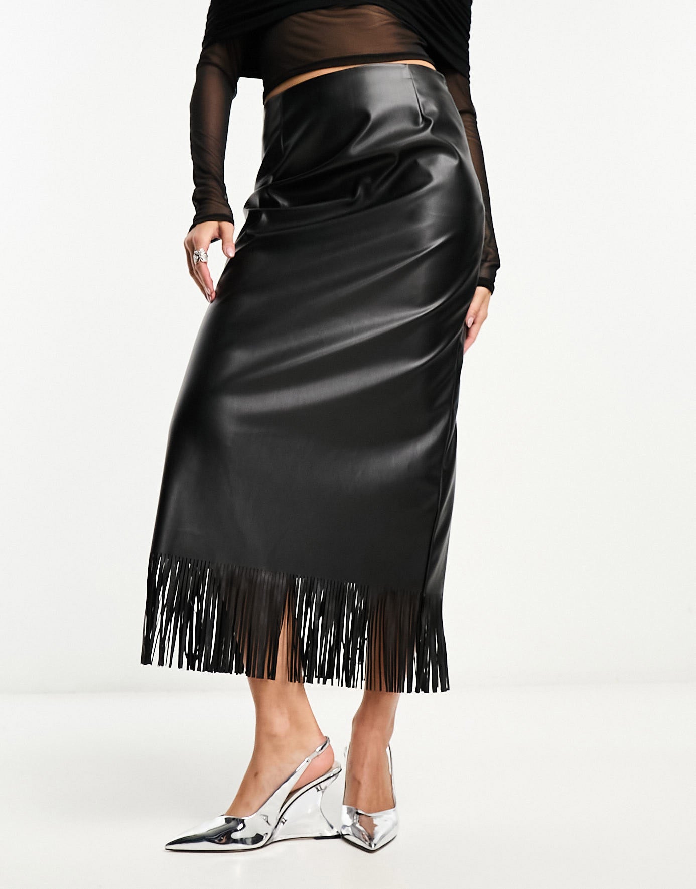 ASOS DESIGN faux leather maxi skirt with fringing in black