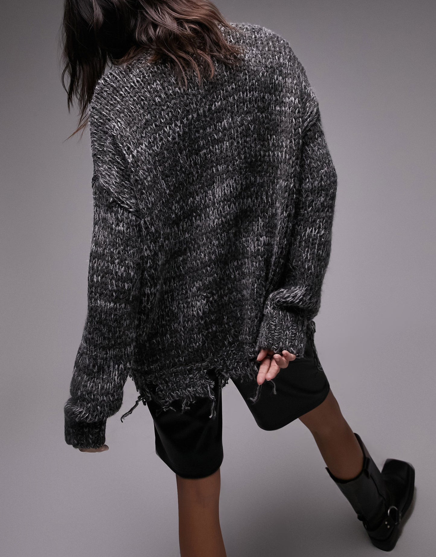 Topshop knitted oversized distressed jumper in charcoal