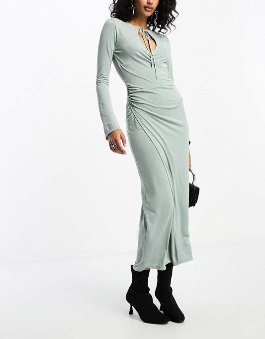 ASOS DESIGN flared long sleeve midi dress with wrap and tie neck detail in sage green