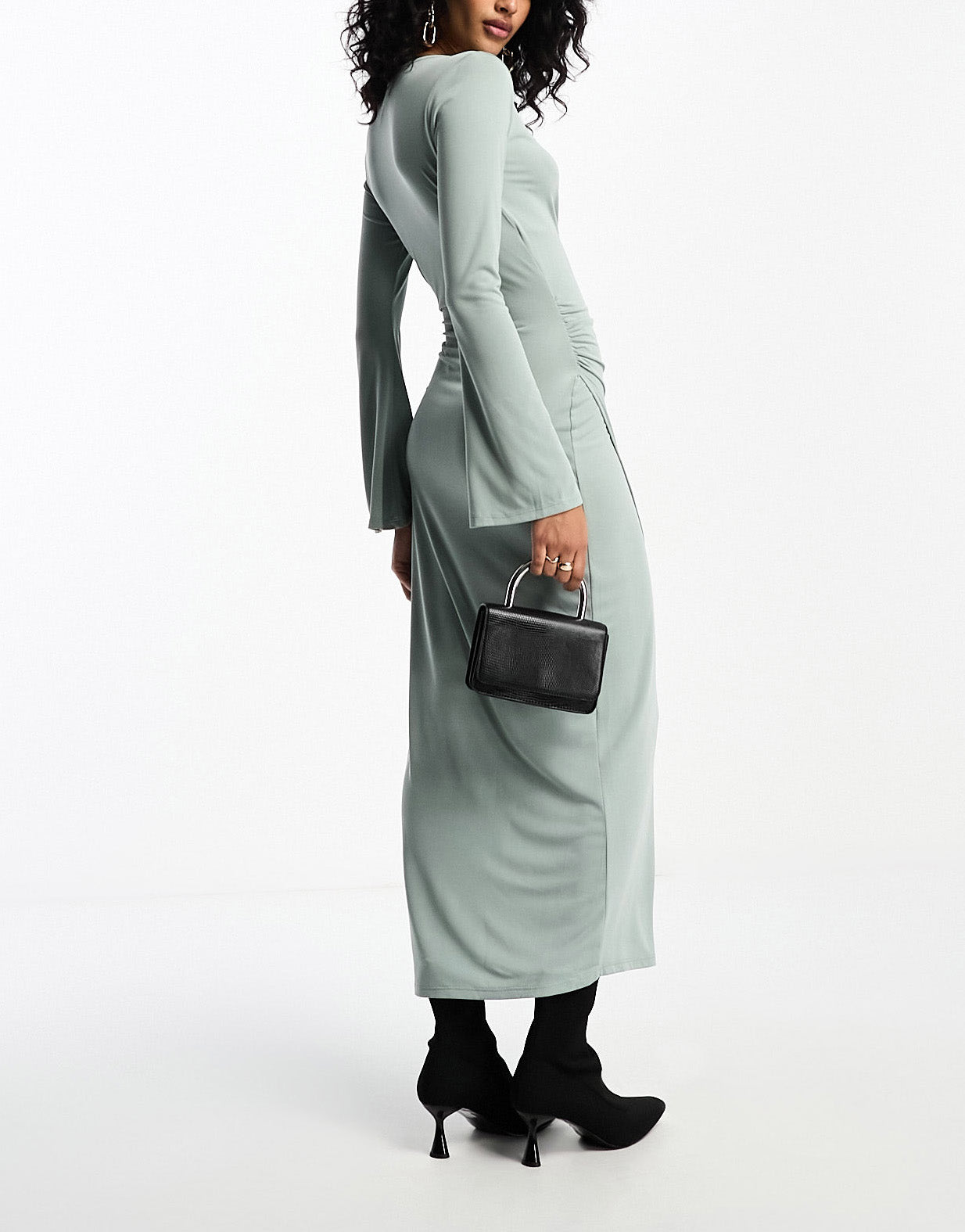 ASOS DESIGN flared long sleeve midi dress with wrap and tie neck detail in sage green