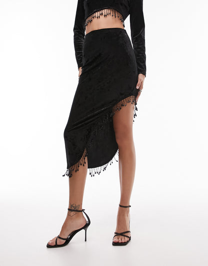 Topshop co-ord velvet embellished tassel skirt in black