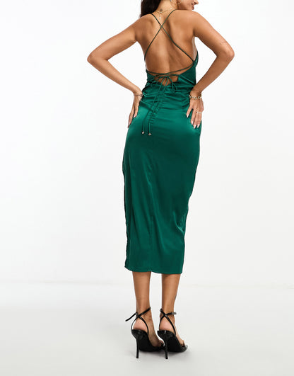 Parallel Lines satin maxi dress with tie back detail in teal