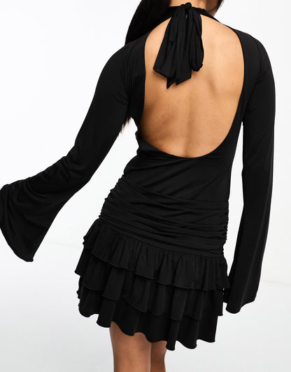 Annorlunda open back ruffle detail mini dress with corsage