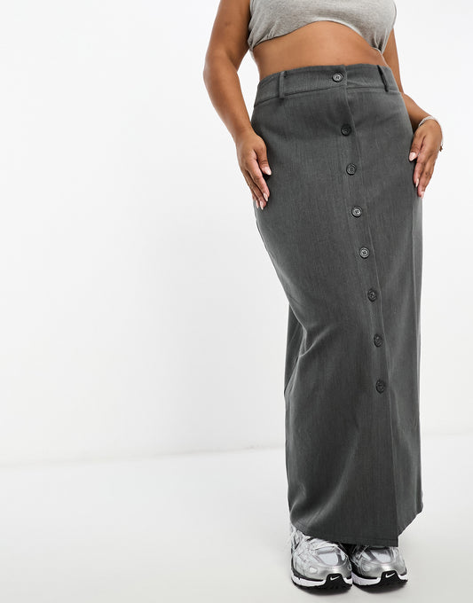 ASOS DESIGN Curve button through pencil maxi skirt in dark grey