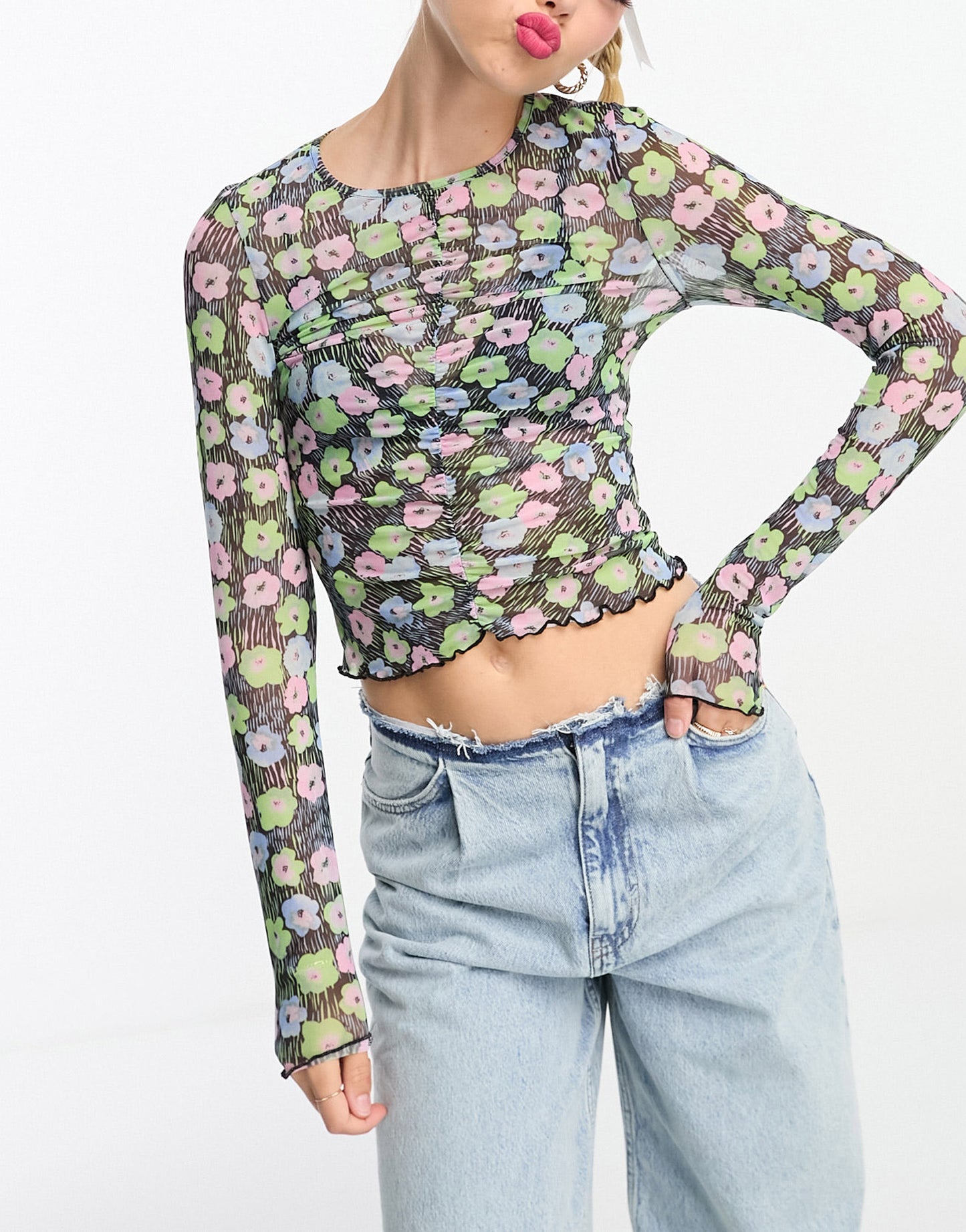 Monki long sleeve mesh top with gather front in black flower print