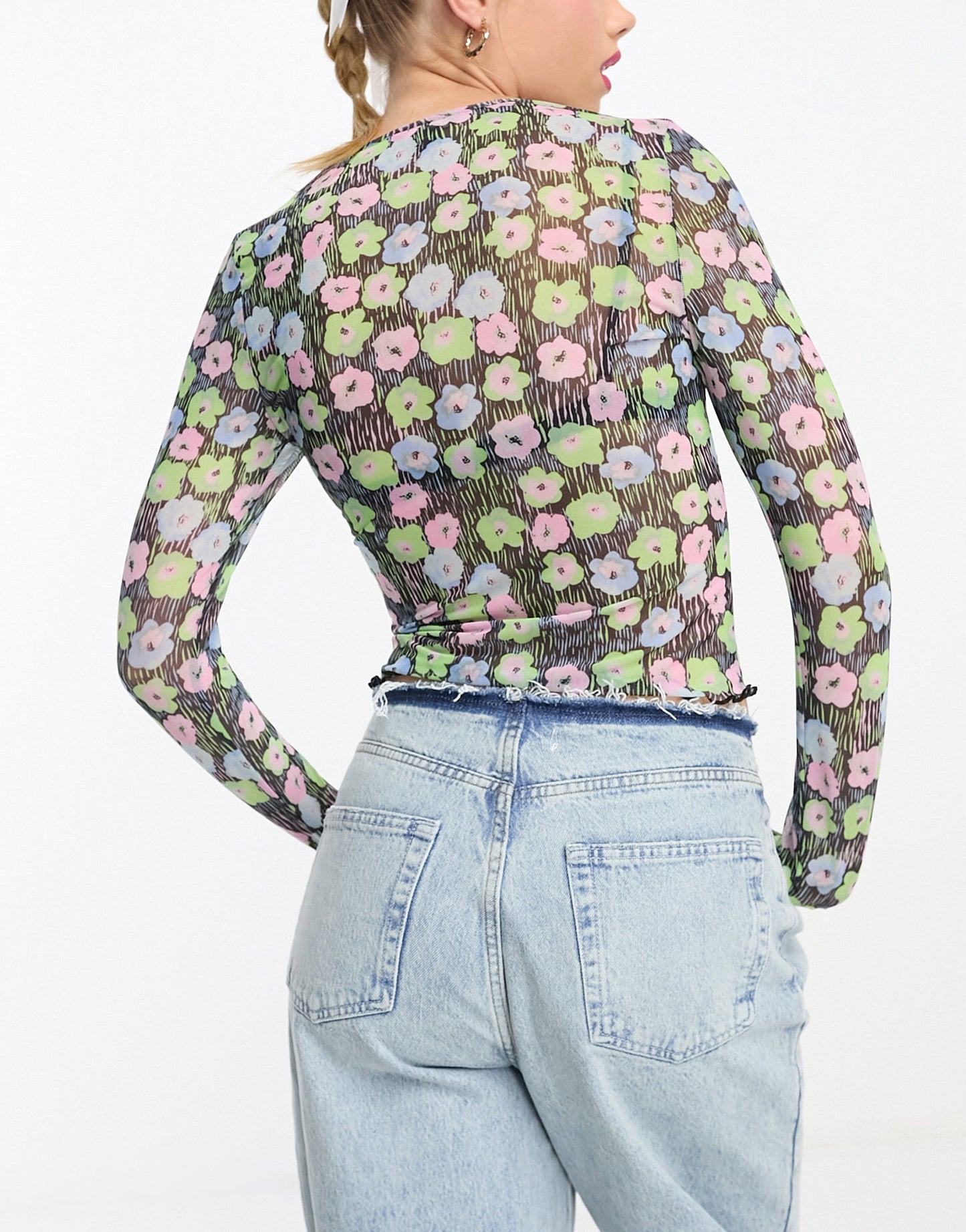 Monki long sleeve mesh top with gather front in black flower print