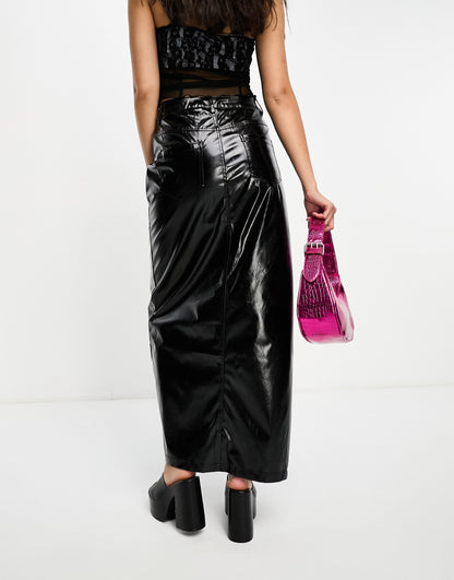 Amy Lynn Lupe maxi skirt with front split in metallic black