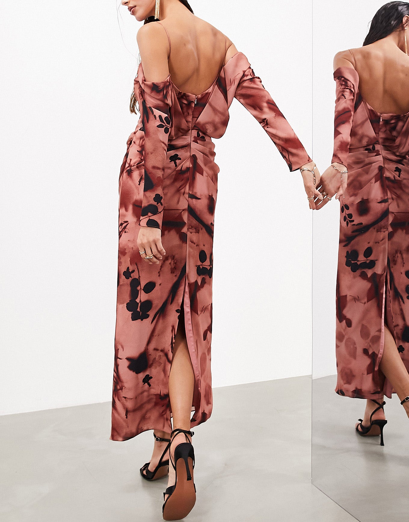 ASOS EDITION drape bardot long sleeve maxi dress in rose floral