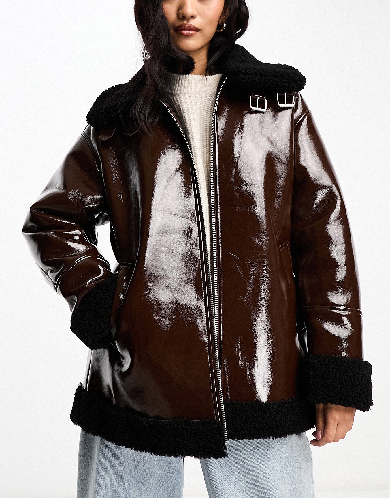 Urbancode patent longline aviator jacket with borg trims in chocolate brown