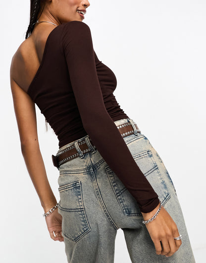 Cotton On one shoulder ruched top in dark oak