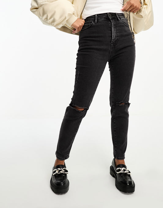 Stradivarius Petite slim mom jean with stretch and rip in washed black