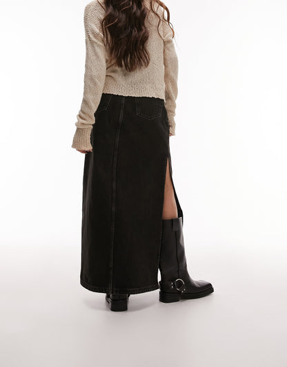 Topshop denim maxi skirt with side split in dirty wash black