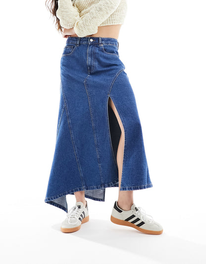 ASOS DESIGN 'DECONSTRUCTED' denim midi skirt in midwash blue