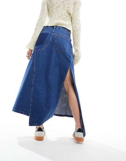 ASOS DESIGN 'DECONSTRUCTED' denim midi skirt in midwash blue