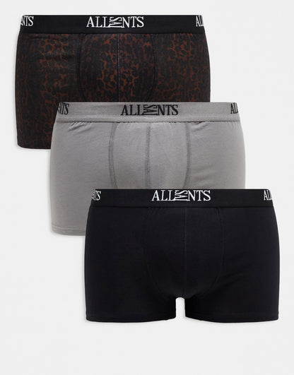 AllSaints 3-pack cotton trunks in leopard, black, grey