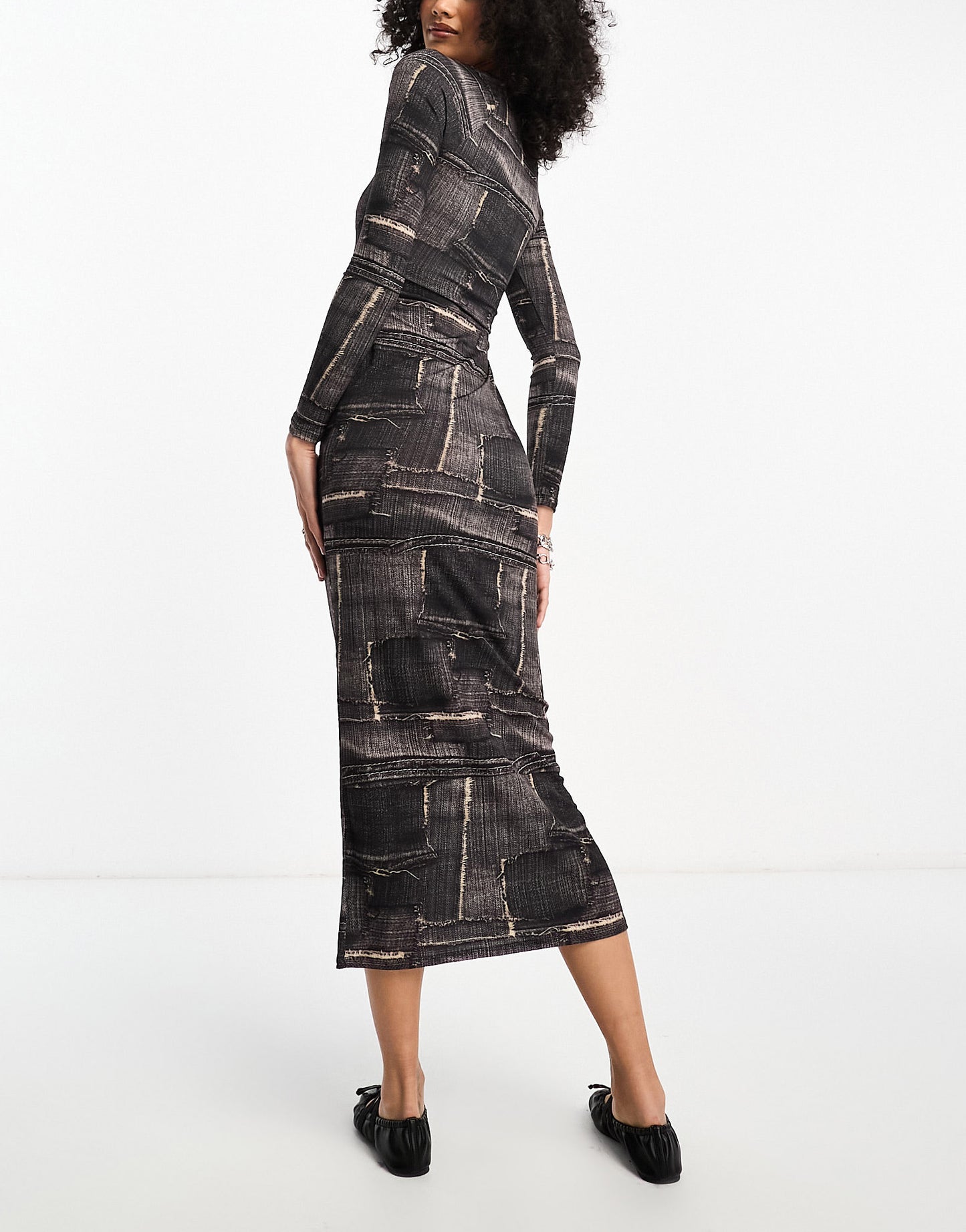 COLLUSION square neck denim print long sleeve maxi dress in brown