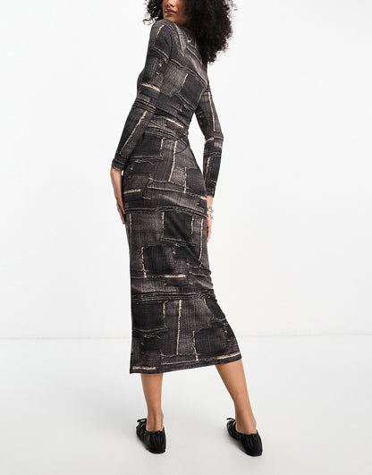 COLLUSION square neck denim print long sleeve maxi dress in brown