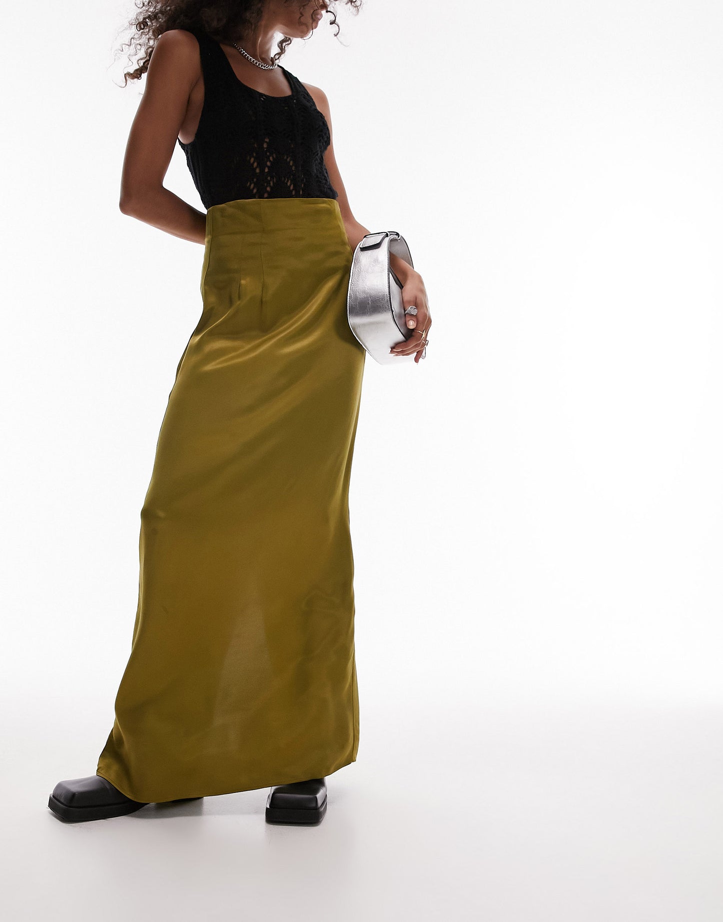 Topshop super high waisted satin maxi skirt in olive