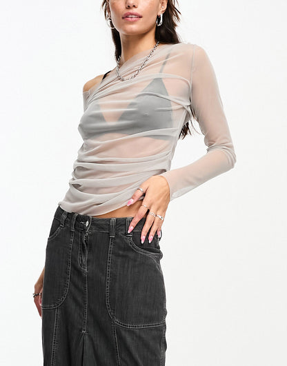 Weekday Main sheer long sleeve top with side rouche detail in grey