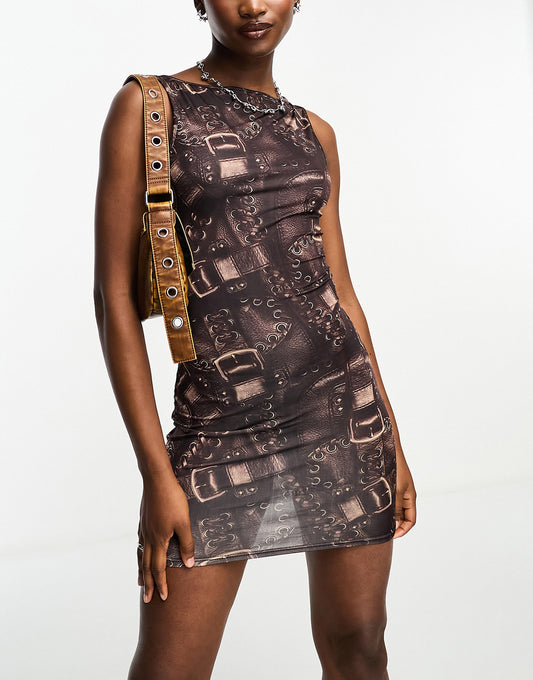 Tammy Girl slash neck slinky mini dress in leather patchwork print