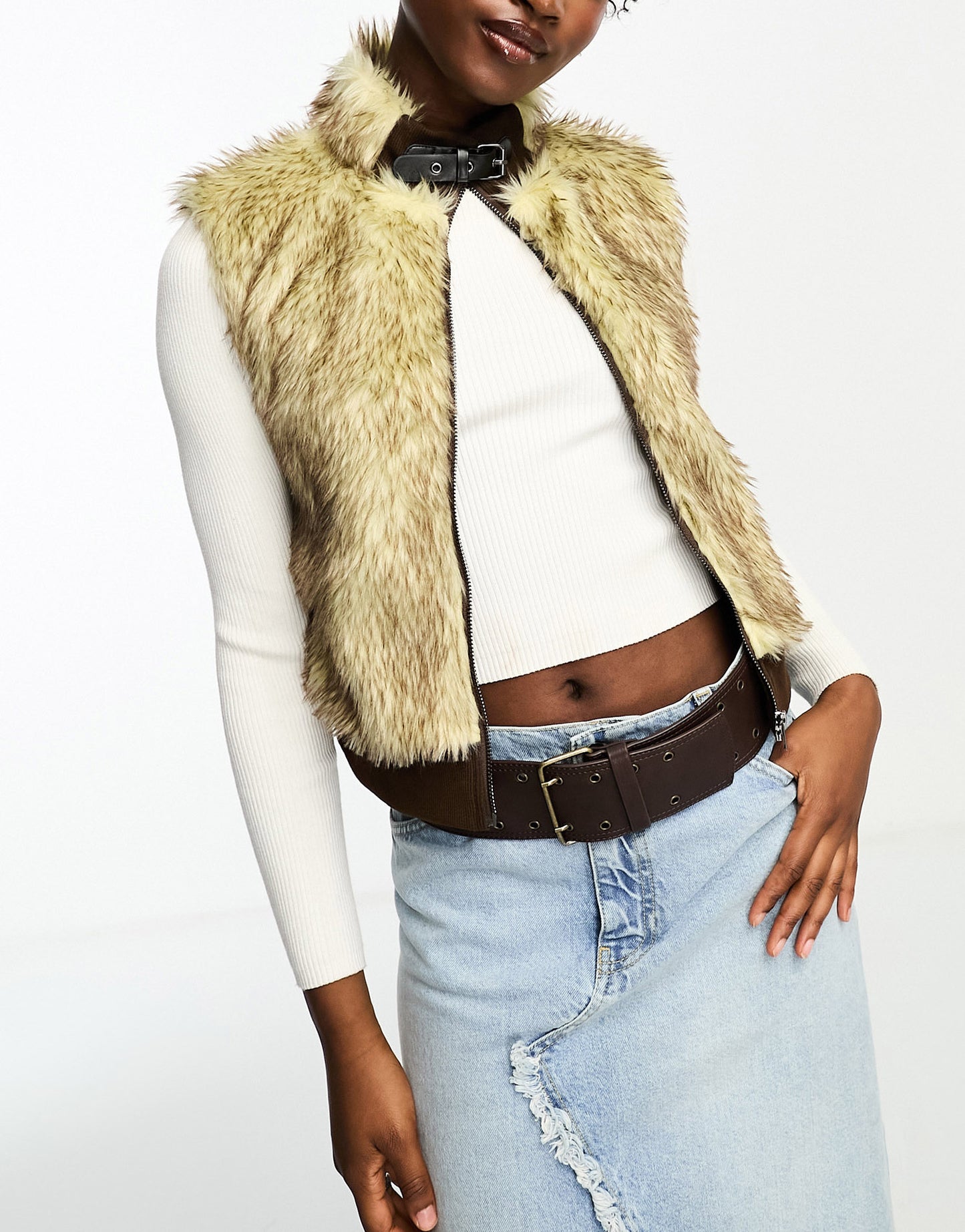 Tammy Girl faux fur gilet with faux leather neck buckle