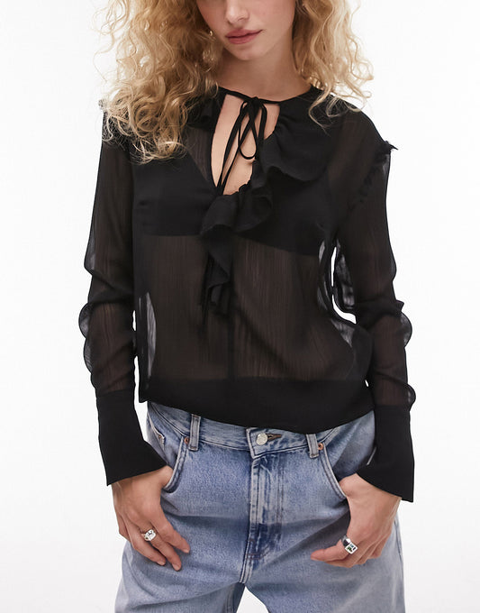 Topshop long sleeve ruffle front top in black