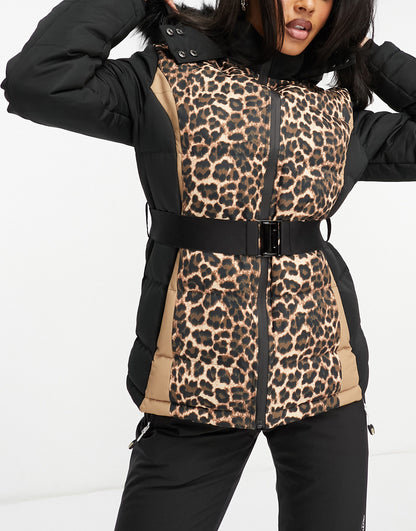 Threadbare Ski belted coat with faux fur hood in leopard print