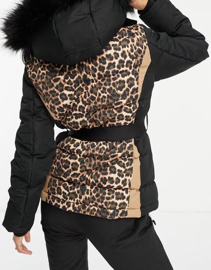 Threadbare Ski belted coat with faux fur hood in leopard print