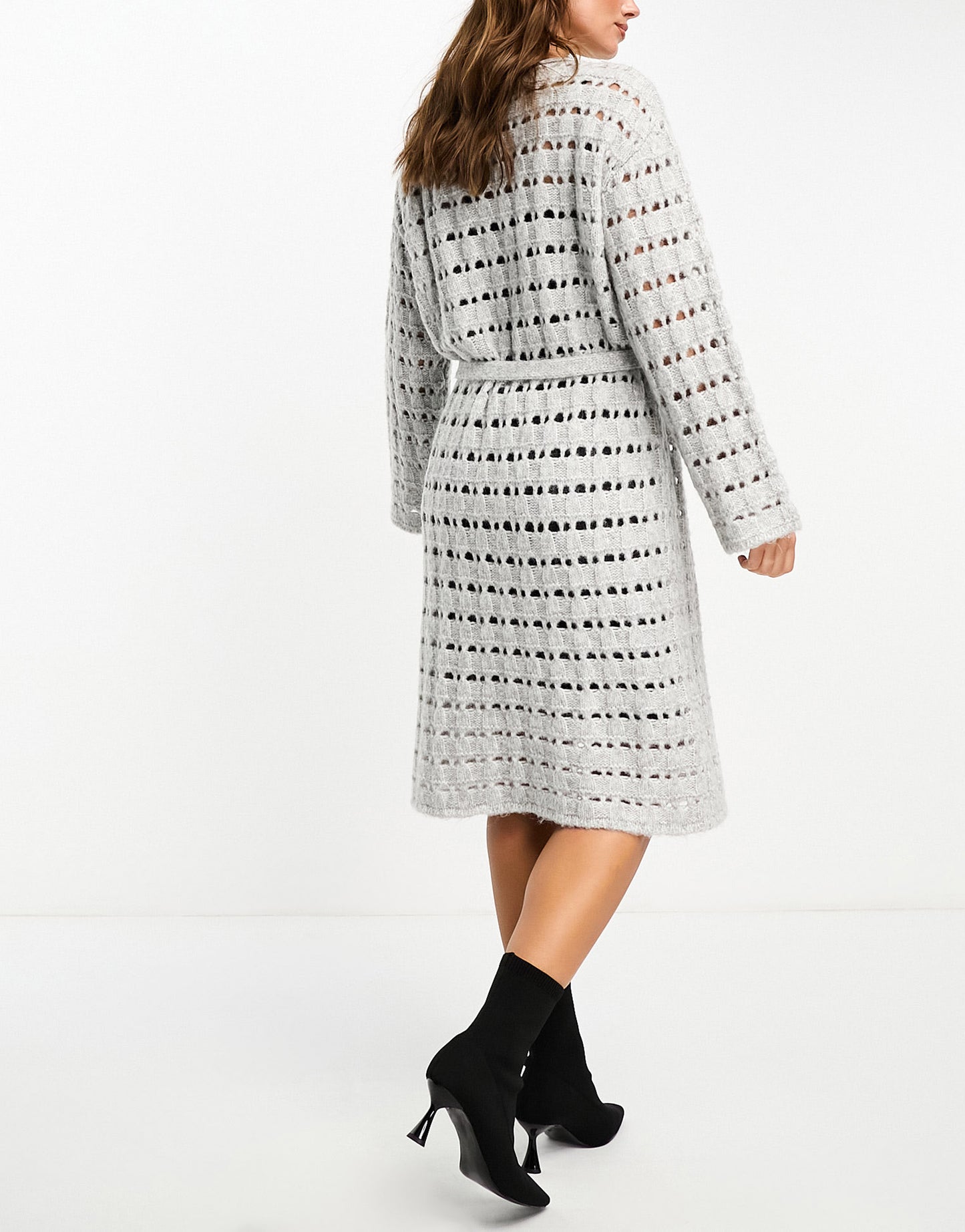 Edited tie waist open knit midi jumper dress in stone grey