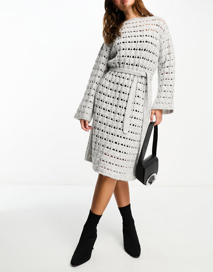 Edited tie waist open knit midi jumper dress in stone grey