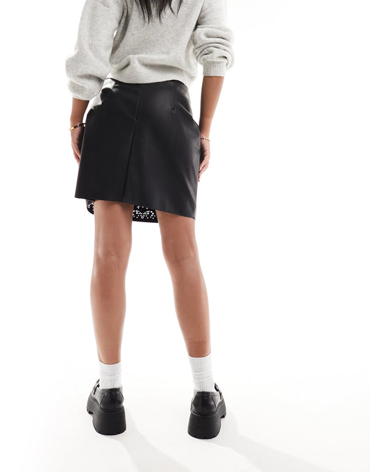 French Connection faux leather mini skirt with embroidery in tonal black