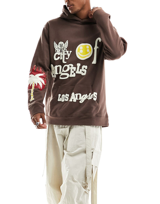 Pacsun city of angels slogan detail hoodie in brown