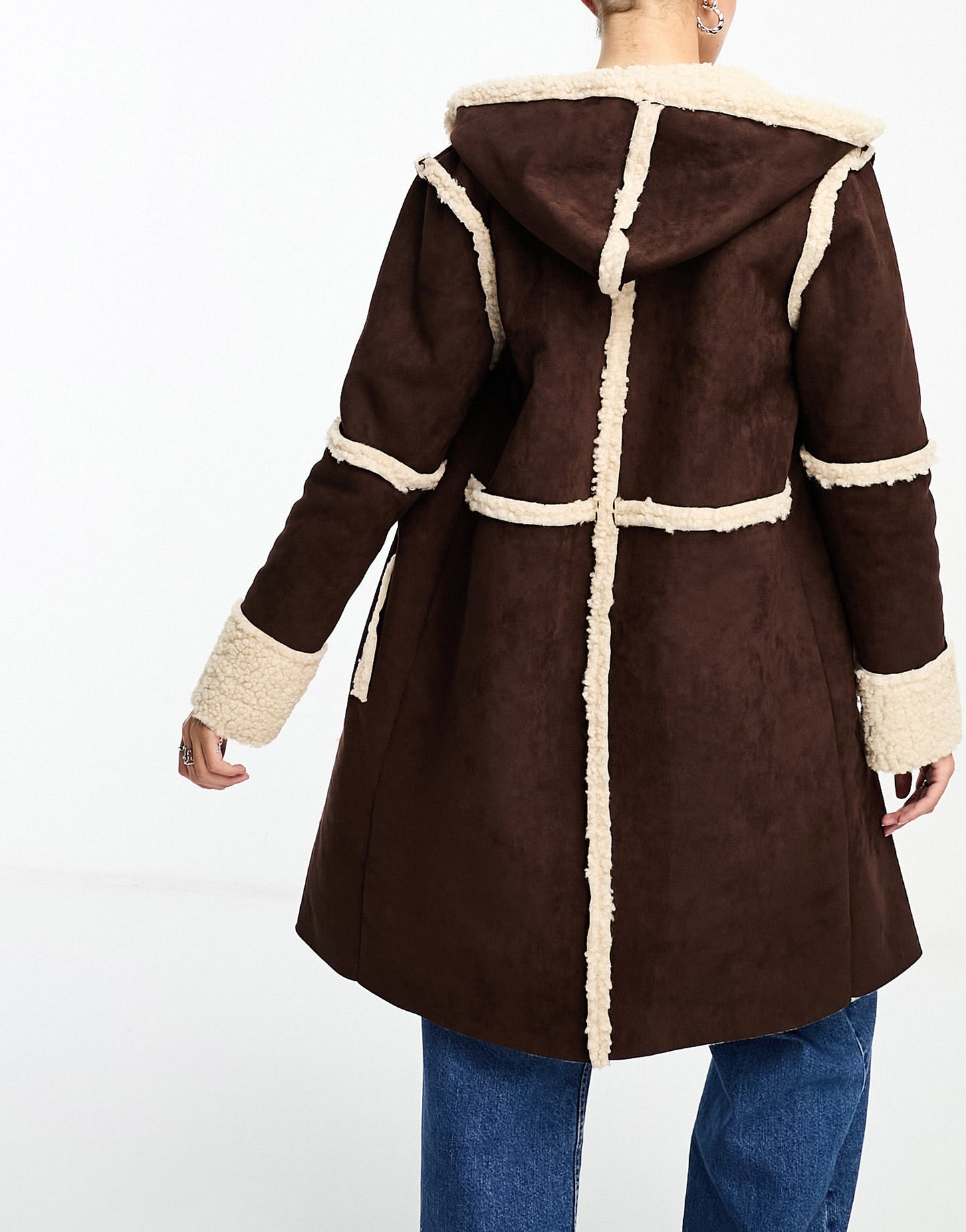 Daisy Street faux suede sherpa coat with hood and toggle fastening