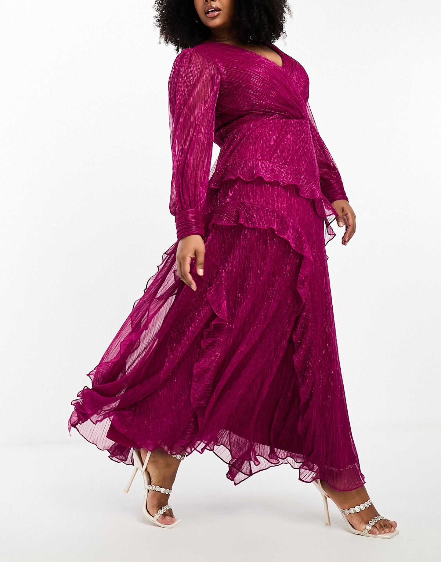 Forever New Curve sheer sleeve cut-out plisse maxi dress in hot pink