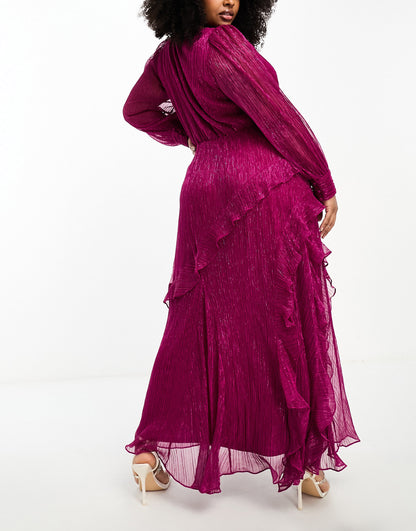 Forever New Curve sheer sleeve cut-out plisse maxi dress in hot pink