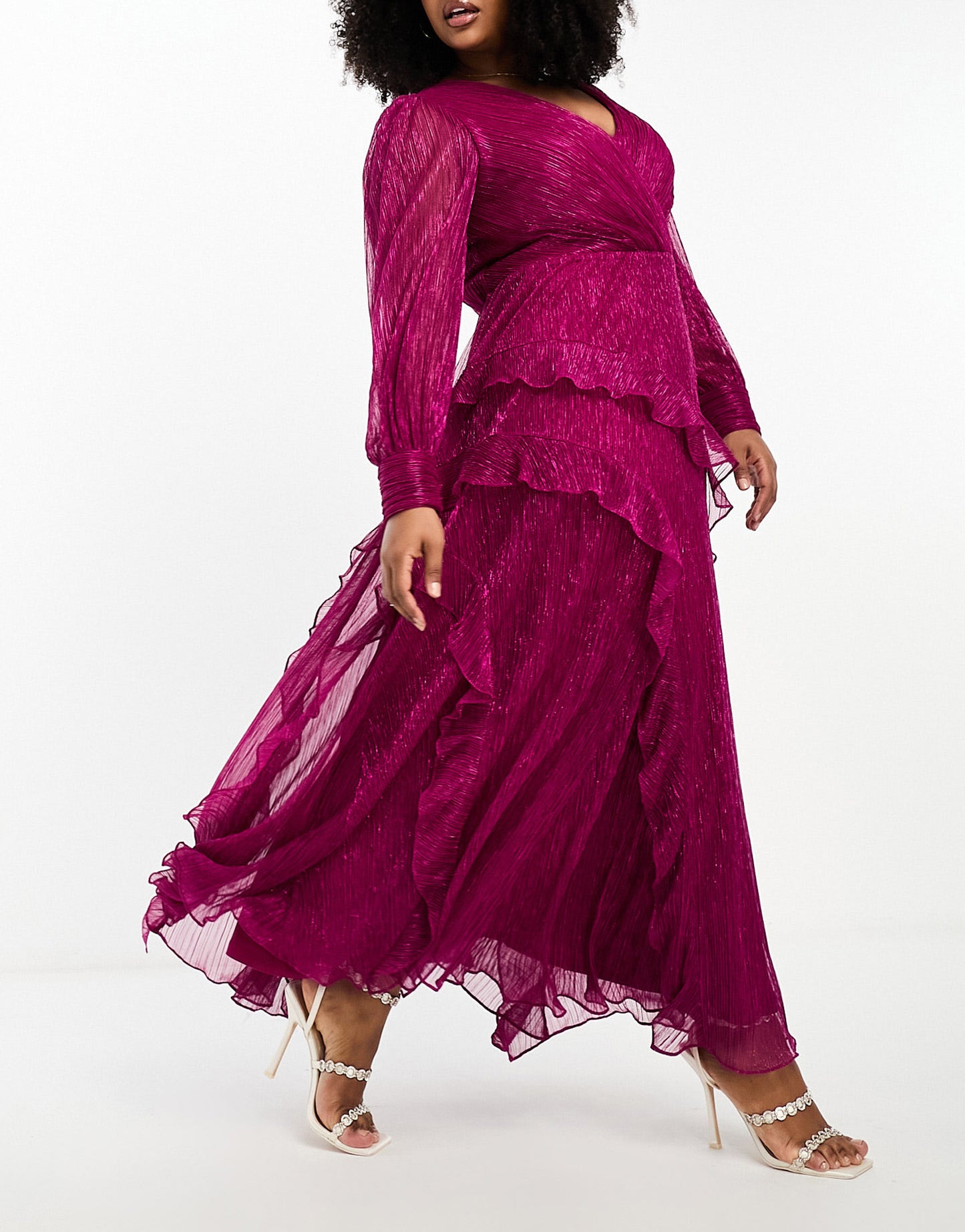 Forever New Curve sheer sleeve cut-out plisse maxi dress in hot pink