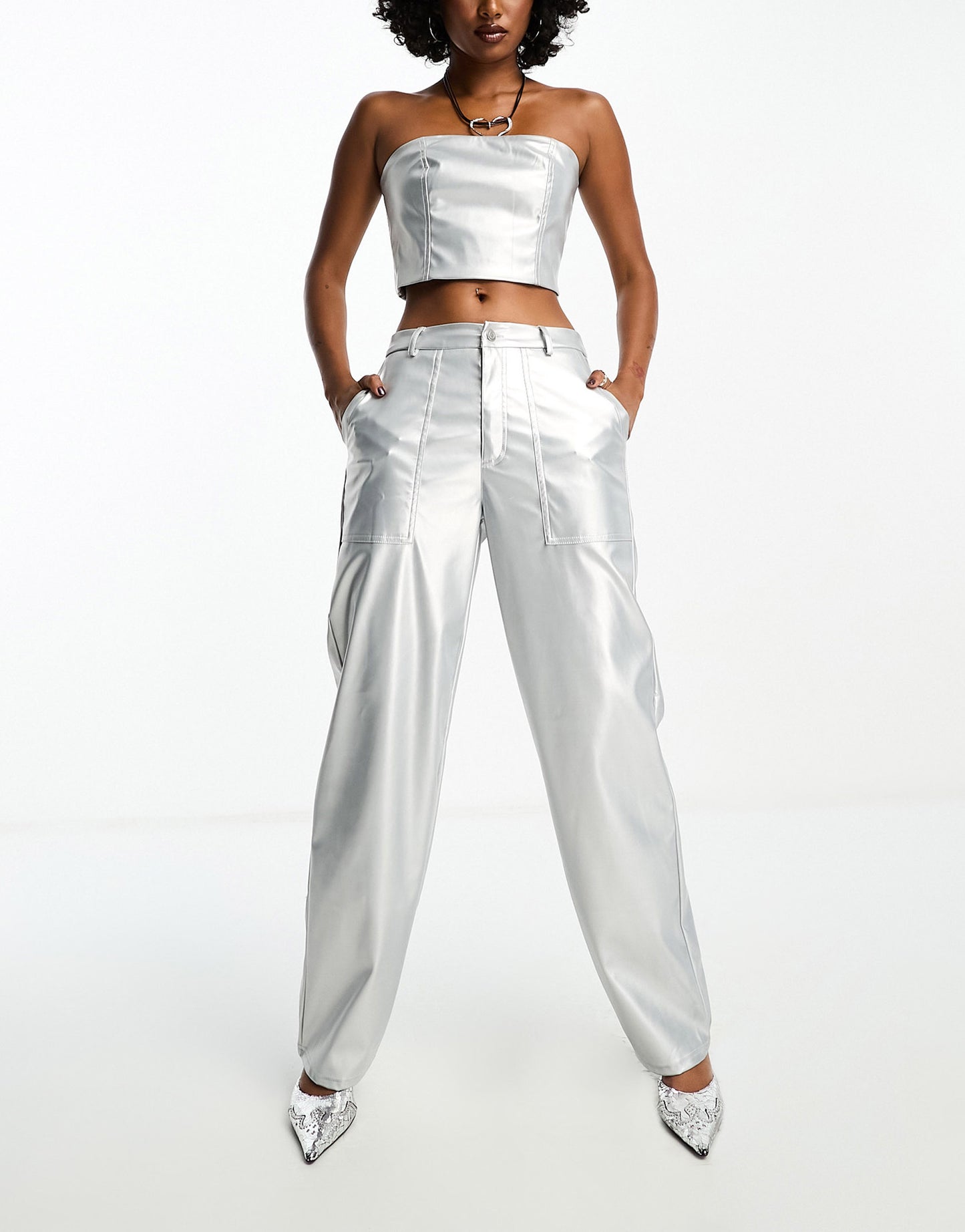 Extro & Vert high waisted leather look trousers co-ord in silver