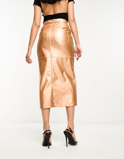 Extro & Vert midi leather look skirt in copper metallic