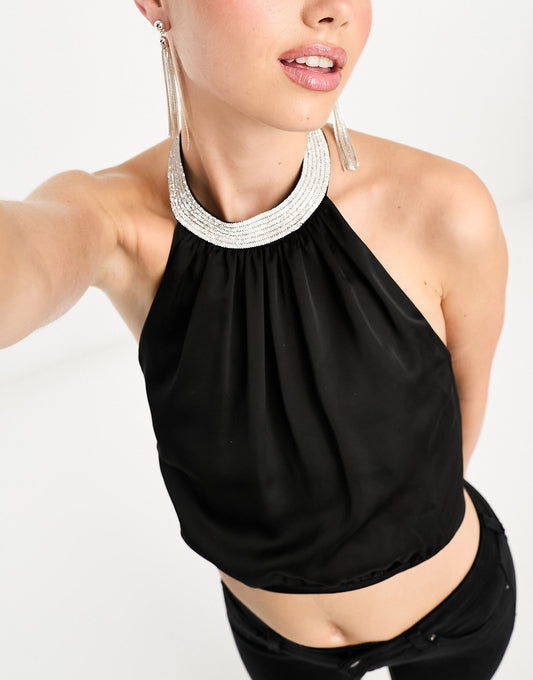 Forever New embellished tie back top in black