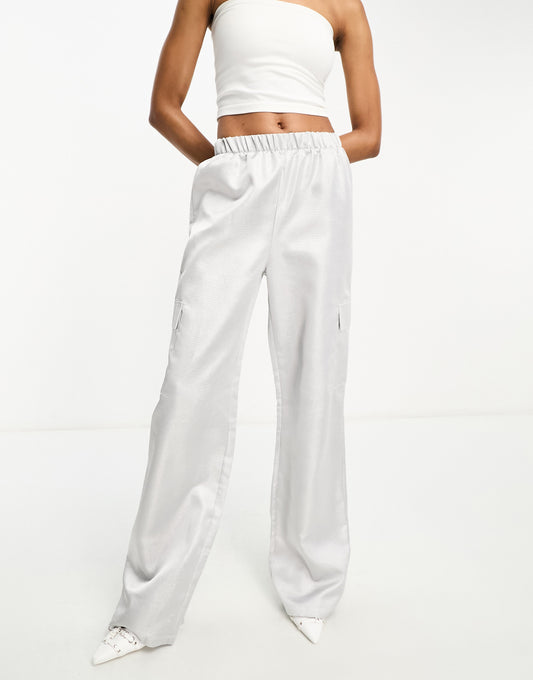 Extro & Vert Tall wide leg glitter cargo trousers in silver