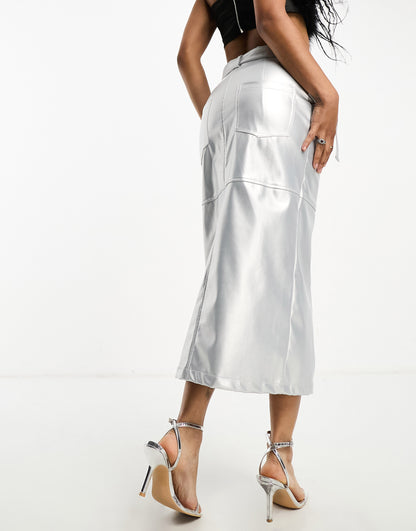 Extro & Vert Petite midaxi leather look skirt in silver